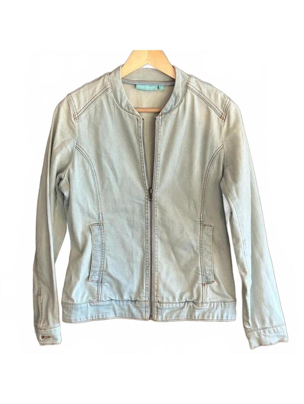 Blue Illusion Denim Jacket Small Light Wash Jean Zip Up Bikercore Vintage